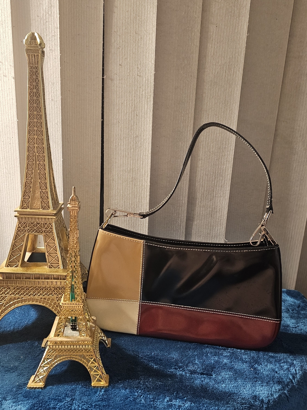 Colorblock Leather Shoulder Bag - Black, Brown, Red, Cream